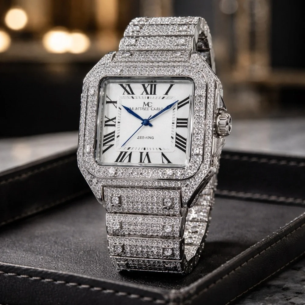 Montres Carlo Le Bling Men's Luxury Iced Out Watch - Silver, Roman Numerals